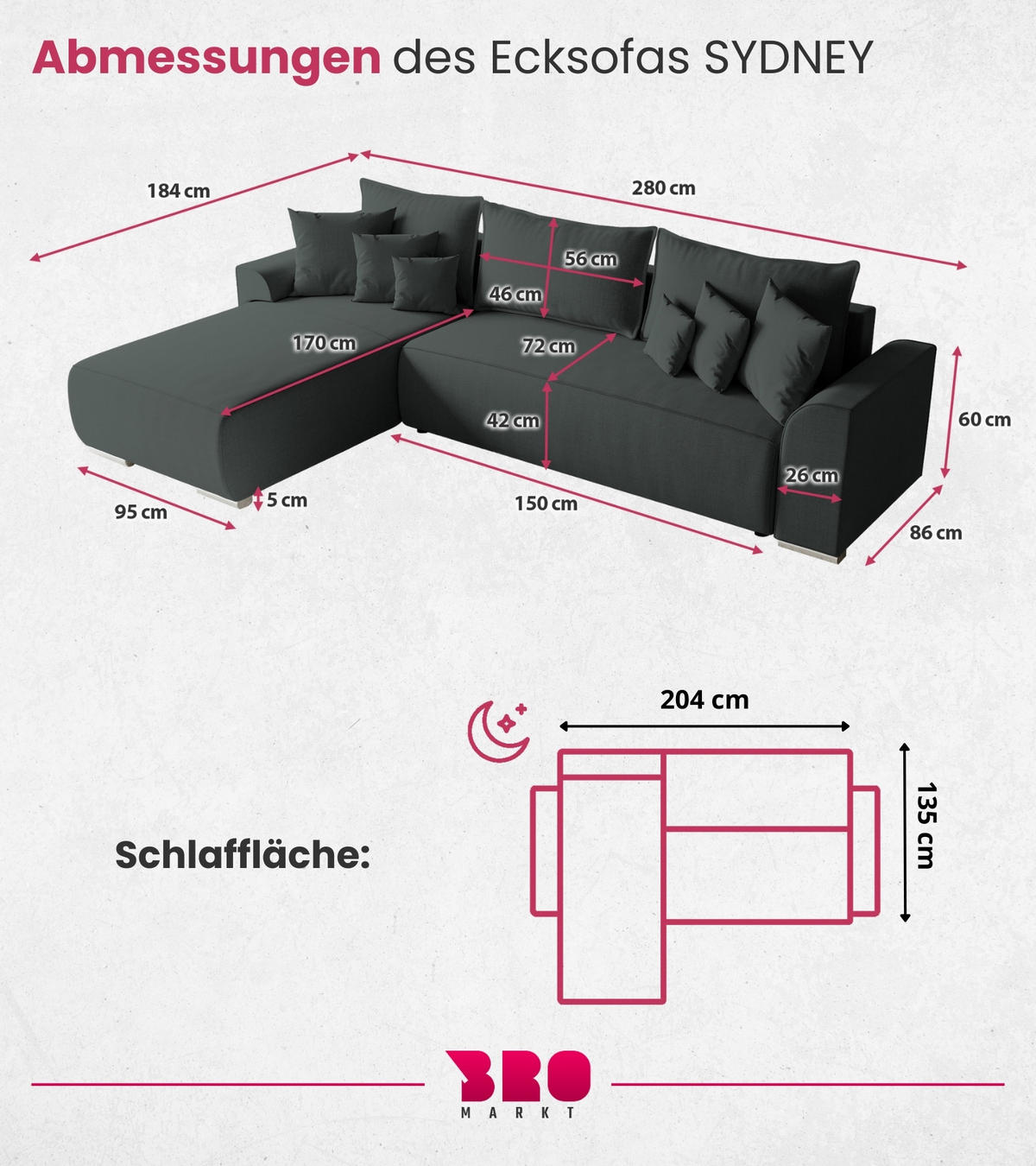 ECKSOFA Sydney mit Schlaffunktion Graphitfarben Leinenoptik - Graphitfarben, Textil (280/184cm) - Bromarkt