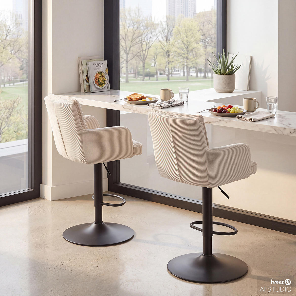 BARSTUHL - 2er-Set - Cord / Stahl - Creme, Textil/Metall (56/100/57cm) - home24