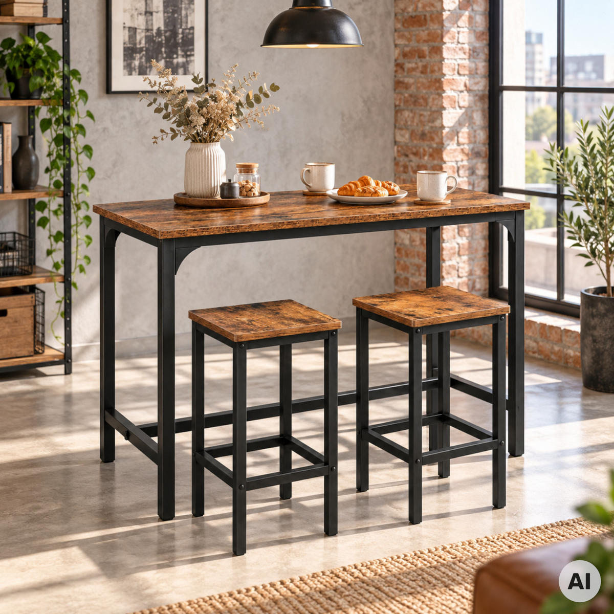 BARTISCH mit 2 Barhockern 3-teiliges Set Industrial Rustikal Braun Schwarz 108x50x90 cm - Dunkelbraun/Schwarz, Holzwerkstoff/Metall (108/90/50cm) - Begryf