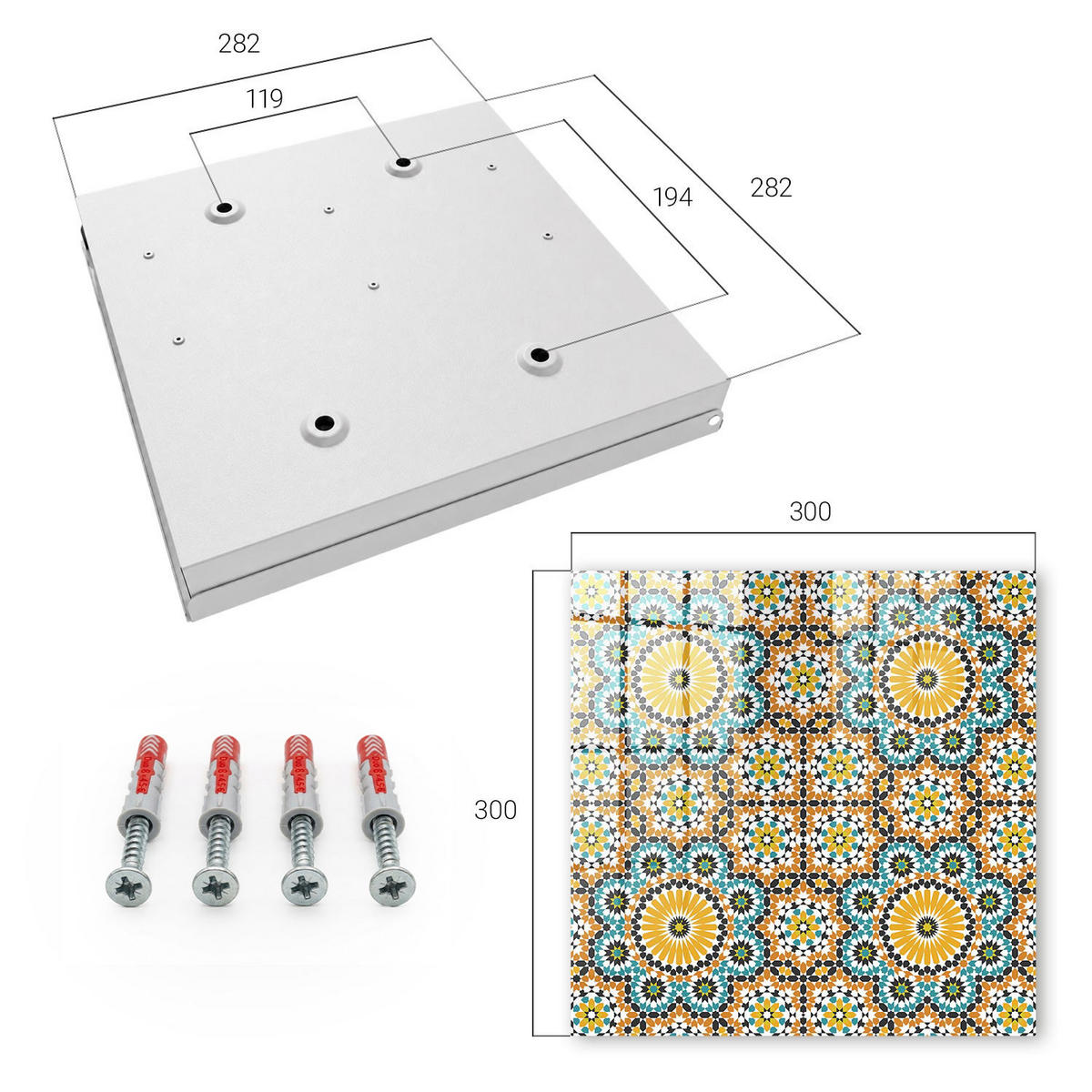 SCHLÜSSELBOX Weiß 30x30 cm – Türöffnung nach rechts - Geometrisches Mosaik - Orange, Metall (30/30/5cm) - TULUP