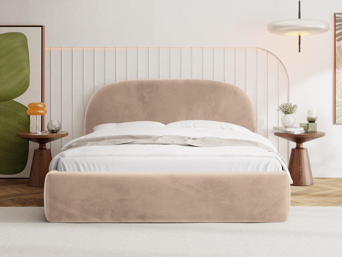 POLSTERBETT Puro mit Bettkasten, Dunkelbeige Samt 140 x 200 cm – mit Metall-Lattenrost - Hellbraun/Beige, Kunststoff/Textil (140/200cm) - WFL GROUP