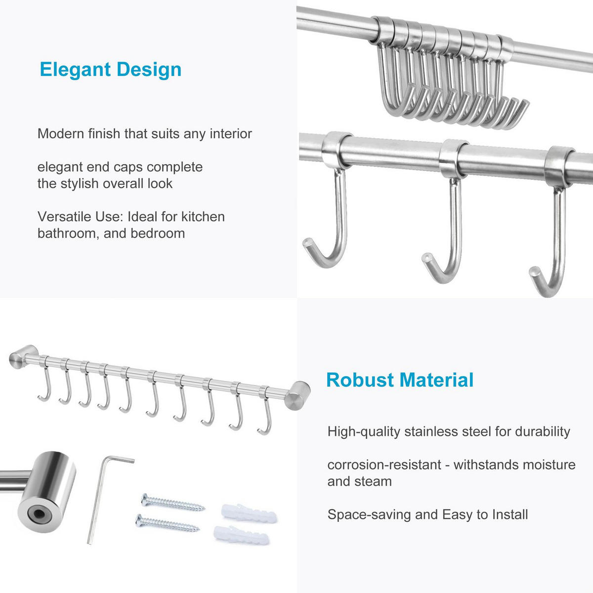 KÜCHEN HÄNGELEISTE mit 10 Haken - Silberfarben, Metall (3.4/2.2/52.6cm) - Intirilife
