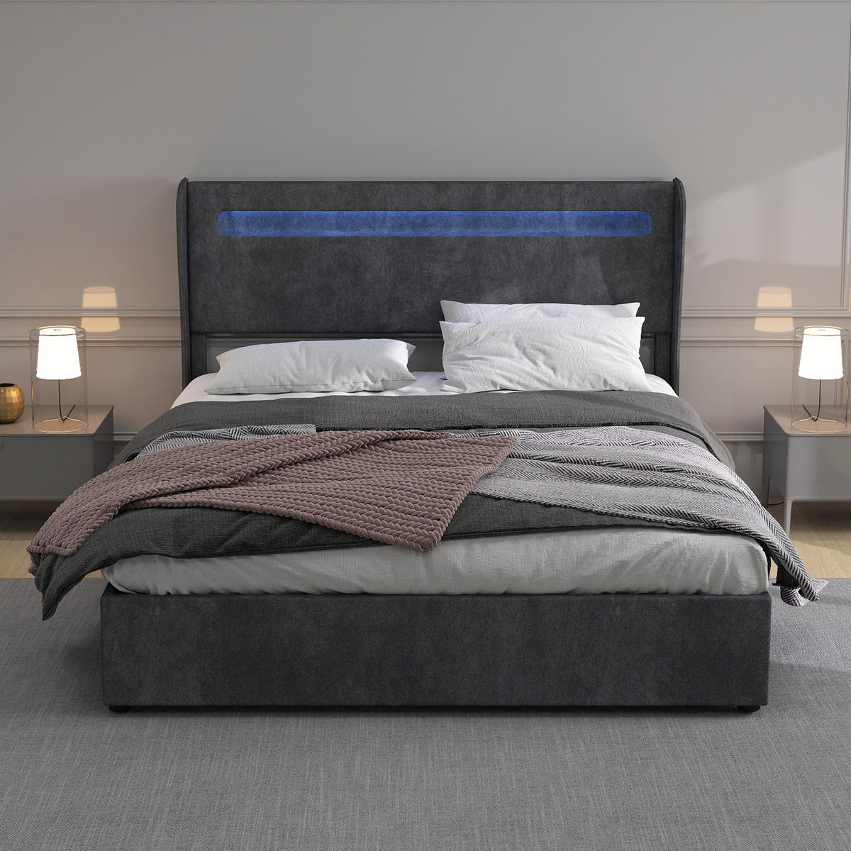POLSTERBETT 160x200 cm LED Stauraum grau - Grau, Textil (160/200cm) - LEBENLANG