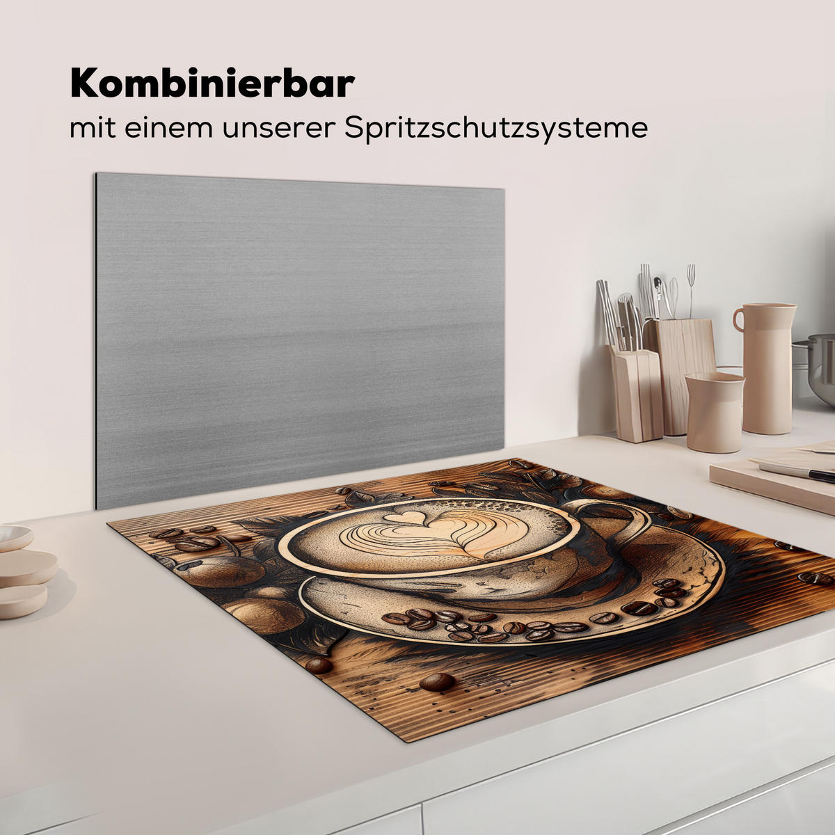 KRYT NA INDUKČNÍ DESKU Káva - Vintage - hnědá - šálek - dřevo 78x78 cm - kapučínová, plast (78/78/0.2cm) - MuchoWow