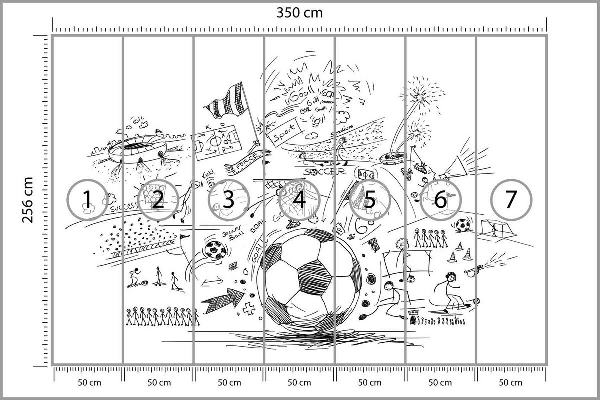 FOTOTAPETE für Kinderzimmer Fußball Skizzen Tor Stadion Sport 350x256 - Schwarz/Weiß, Papier (350/256cm) - Muralo