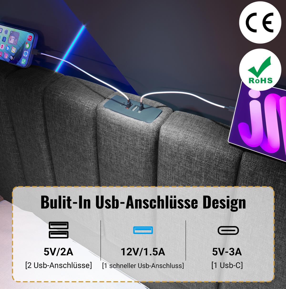 POLSTERBETT 160/200 cm Grau aus Leinen mit LED, Stauraum und Ladefunktion - Grau, Textil (160/200cm) - OKMYHOME