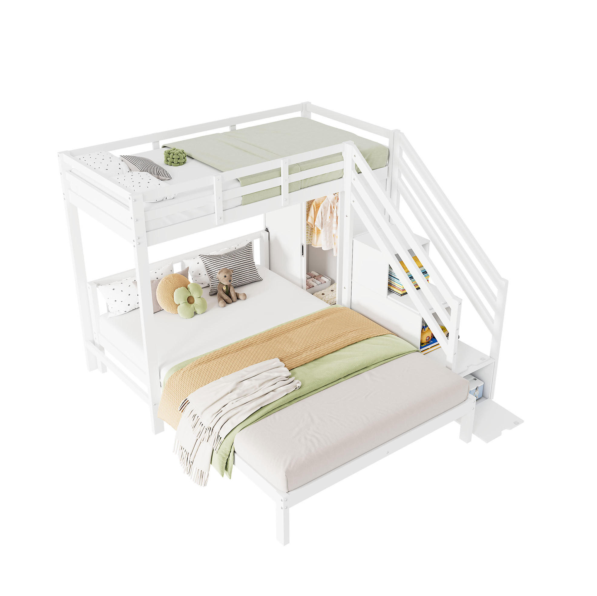 ETAGENBETT 90/200 cm + 140/200 cm in Weiß mit Kleiderschrank und Stauraumtreppe - Weiß, Holz (90/200cm) - Flora Grace