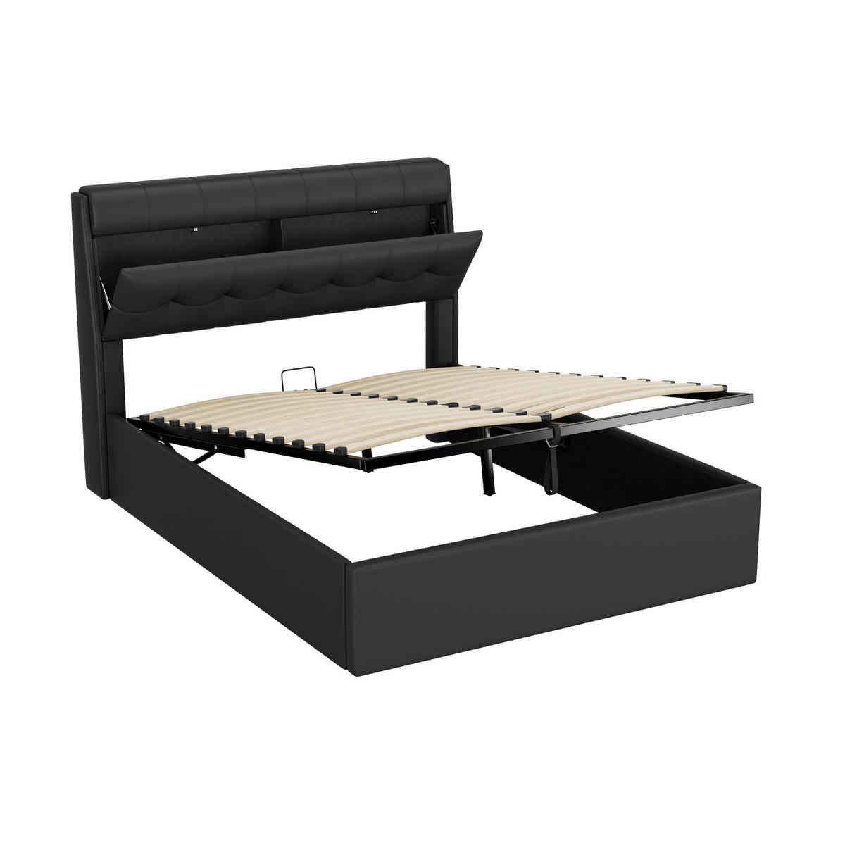 POLSTERBETT 140/200 cm Schwarz mit hydraulischem Bettkasten und Lattenrost - Schwarz, Kunststoff (140/200cm) - OKWISH