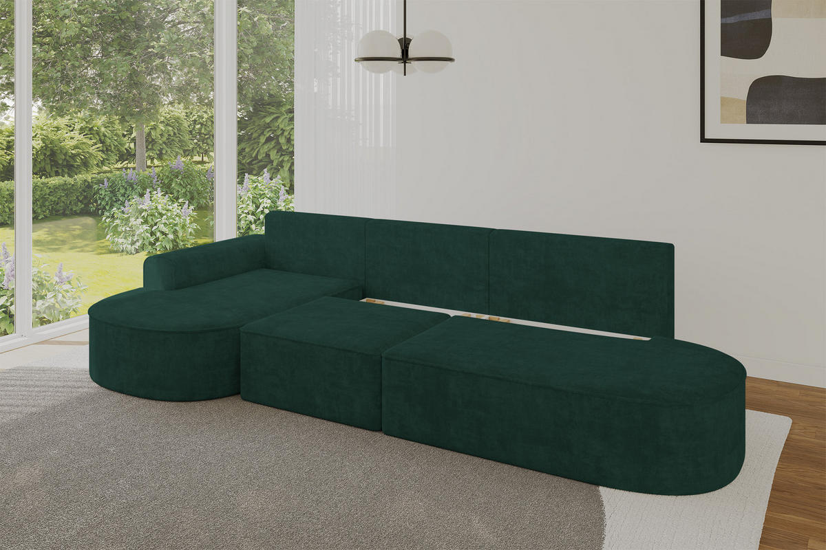 ECKSOFA mit Schlaffunktion Ottomane Links MARI L2-S 368X167X85 Grün Velours - Waldgrün/Schwarz, Holzwerkstoff/Kunststoff (368/167cm) - ALTDECOR