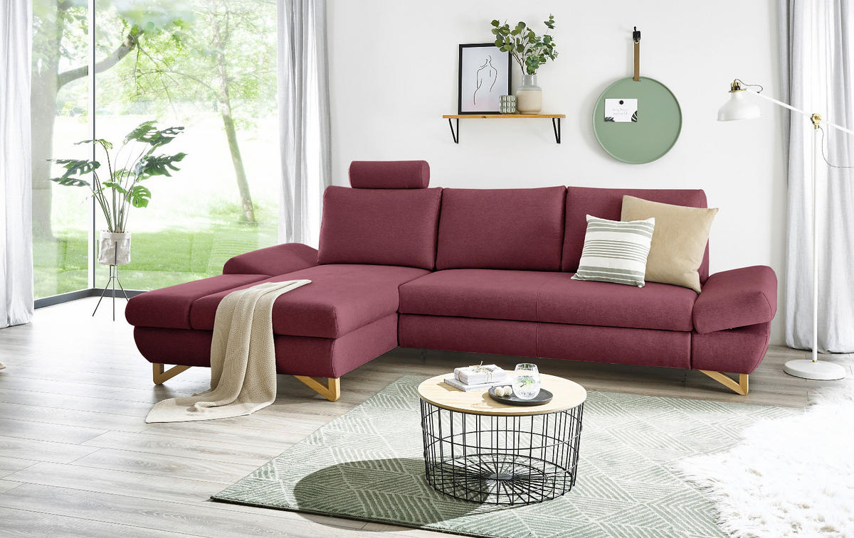 ECKSOFA bordeaux Velours, Wohnzimmer Sofa - Bordeaux, Holz/Textil (166/284cm) - Furn.Design