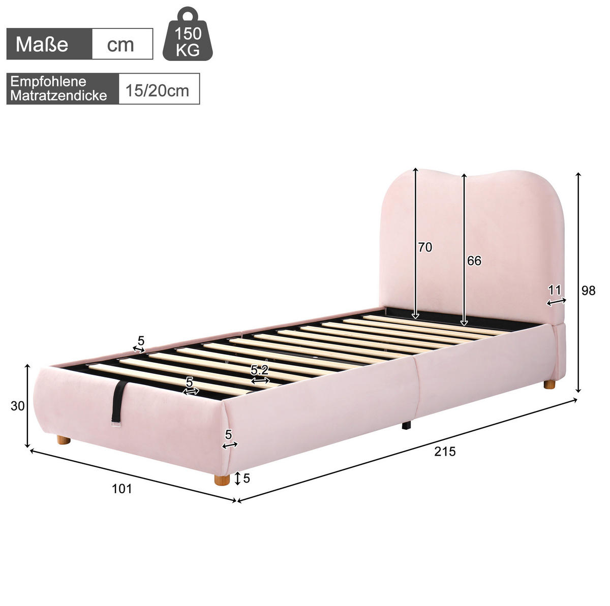 POLSTERBETT 90/200 cm Pink Samt mit hydraulischem Bettkasten und Lattenrost - Rosa, Textil (90/200cm) - OKWISH
