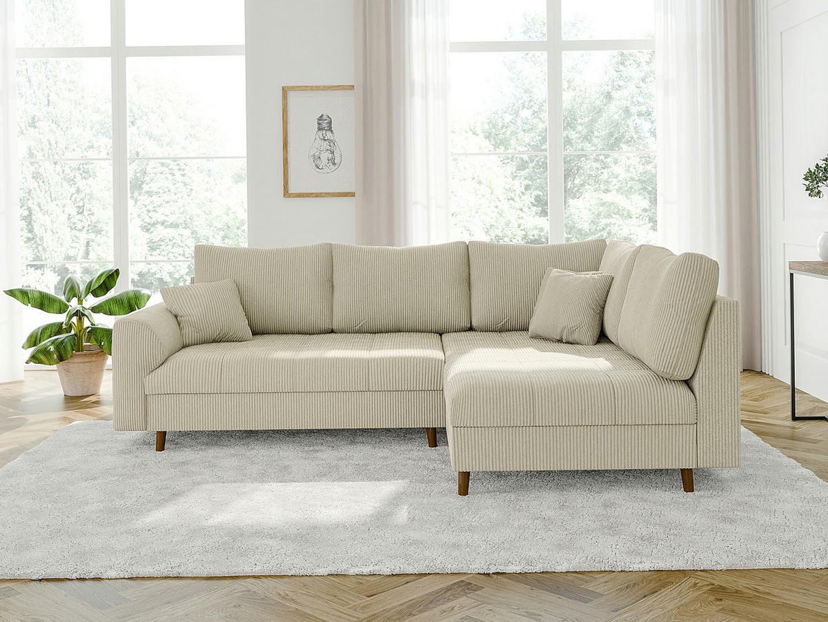 ECKSOFA inkl. Hocker Alma Beige Cord - Ottomane rechts - Beige/Braun, Holz/Textil (231/161cm) - S-Style Möbel