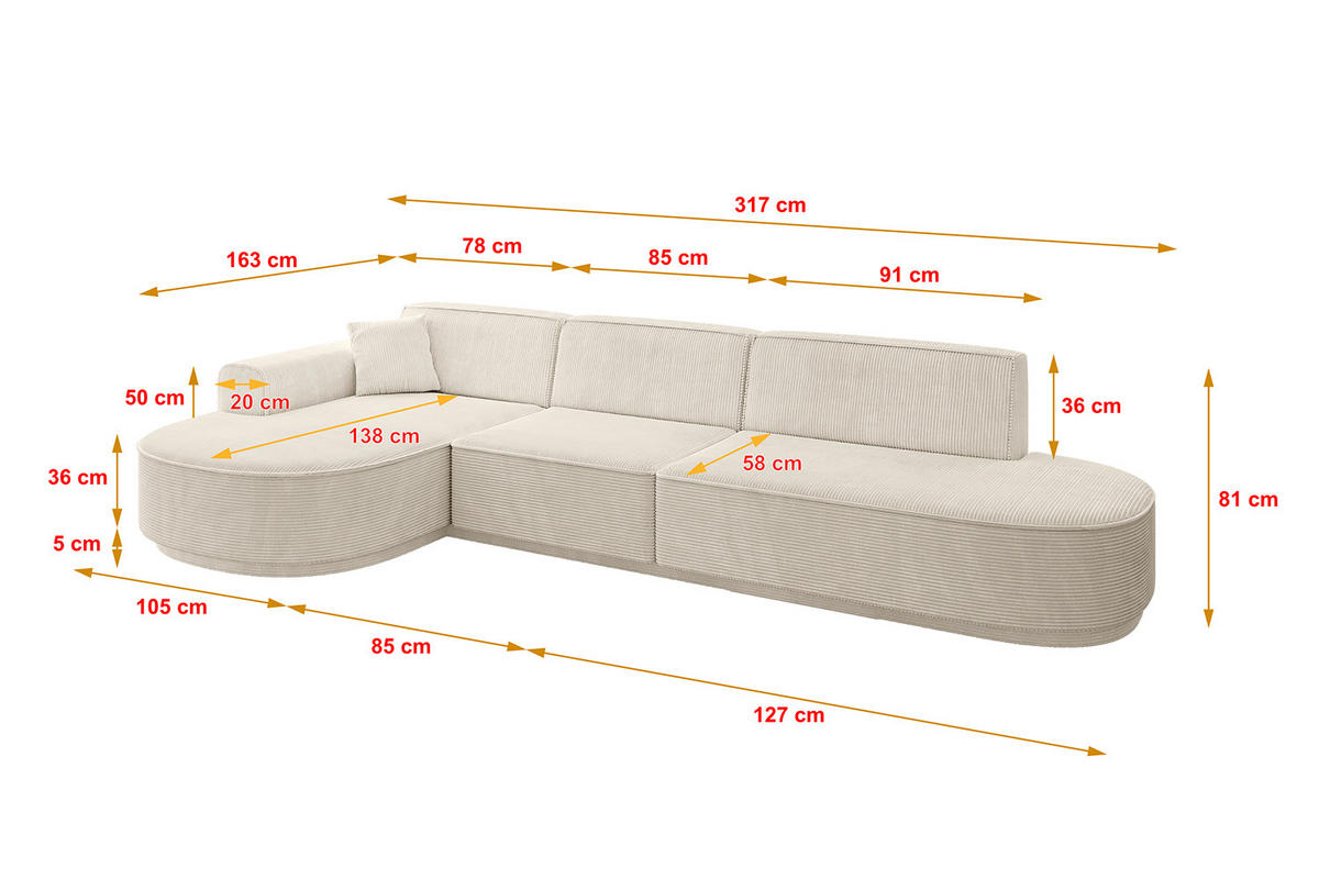 ECKSOFA Ottomane Links MARI-L2-v3 - 317x163x81 cm Beige Cord - Beige/Schwarz, Holzwerkstoff/Kunststoff (317/163cm) - ALTDECOR