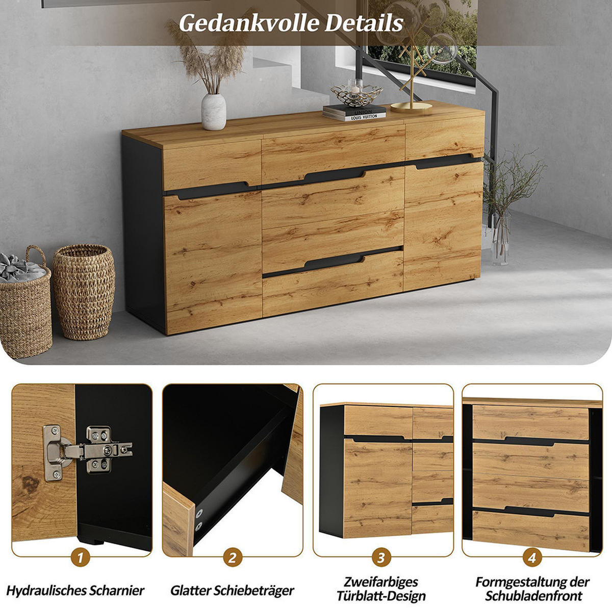 KOMMODE 160 x 40 x 80 cm mit 4 Schubladen, Holzfarbe + Schwarz - Naturfarben, Holzwerkstoff (40/80/160cm) - KOMHTOM