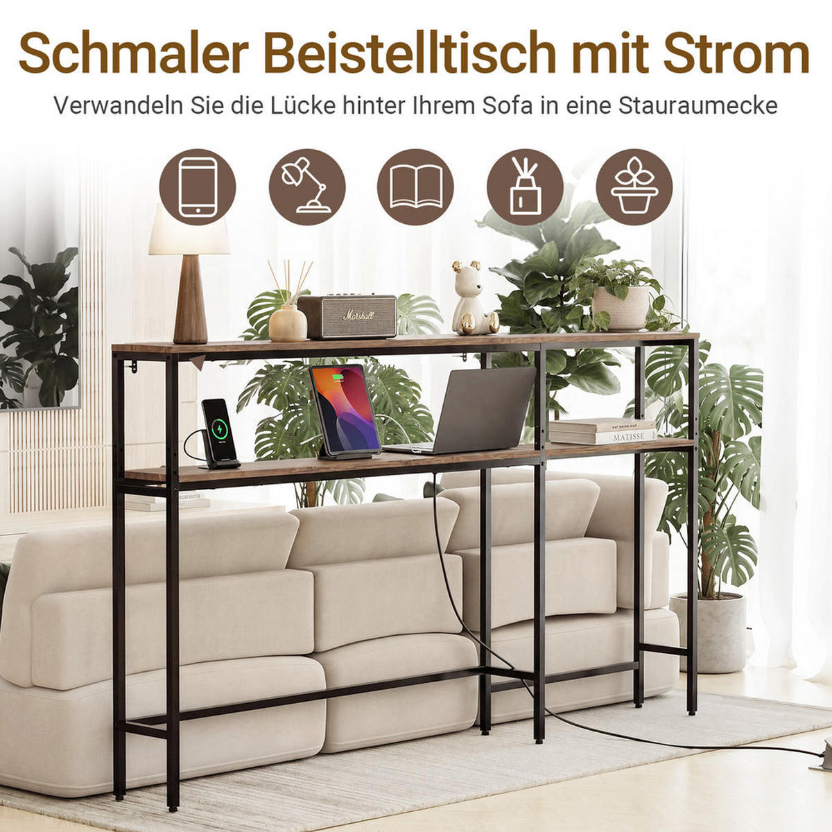 ECKKONSOLENTISCH mit integrierter Steckdose schmal 180x20x100 cm - Braun, Holzwerkstoff/Metall (80/120/101cm) - SoBuy