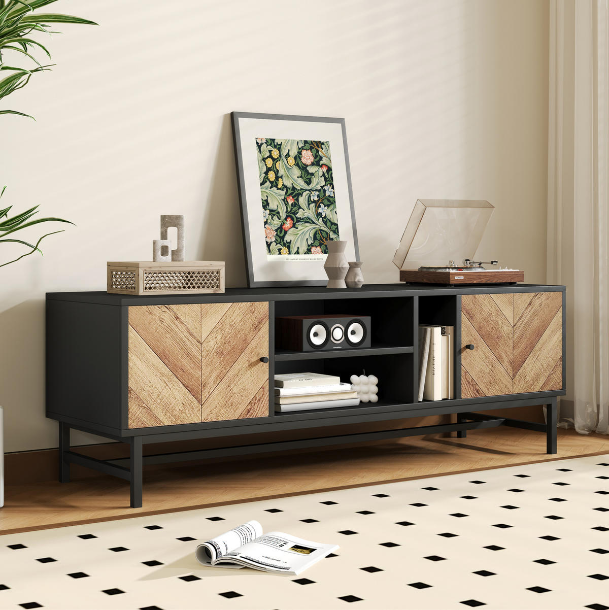 LOWBOARD 150/38/55 cm in Schwarz und Holzoptik mit 2 Türen und 3 Fächern - Hellbraun, Holzwerkstoff (150/55/38cm) - Flora Grace