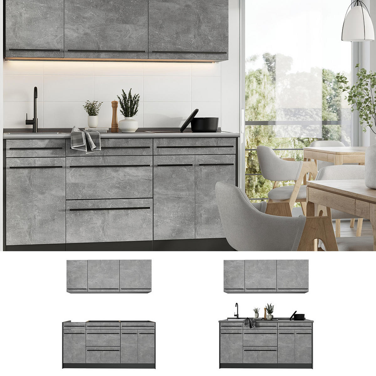 SINGLEKÜCHE R-Line, Beton/Anthrazit, 160 cm Arbeitsplatte Goldkraft Eiche - Anthrazit/Grau, Holzwerkstoff (160/81.6/60cm) - Vicco