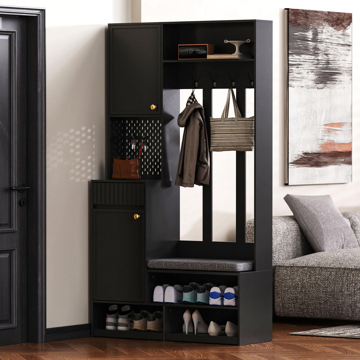 GARDEROBENSET Kompakt mit Sitzbank 4 Haken Schwarz 100x35x180cm - Schwarz, Holzwerkstoff (35/180/100cm) - FLIEKS