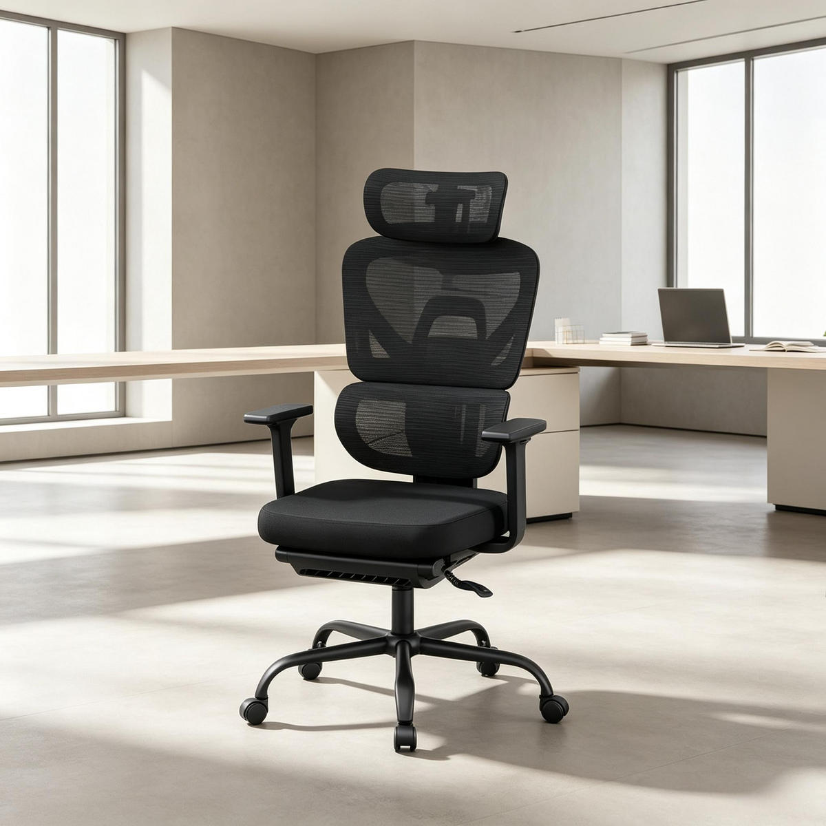 DREHSTUHL mit Fußstütze ergonomisch bis 150 kg belastbar - Schwarz, Leder (53/120/76cm) - Gisaae