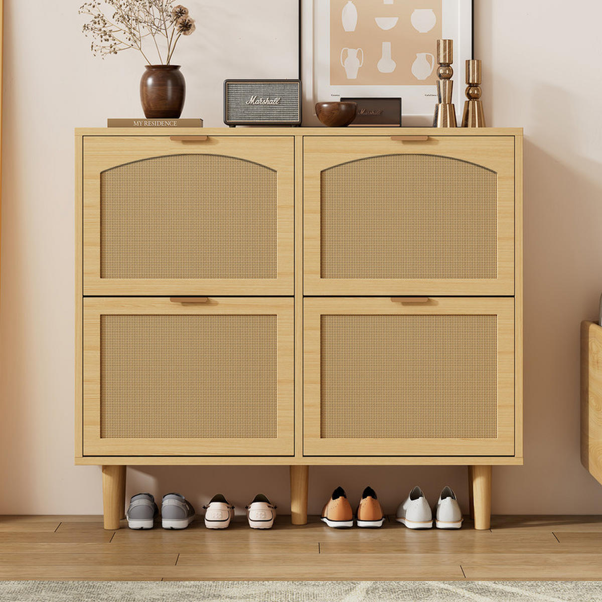 SCHUHSCHRANK Rattan mit 4 Klappschubladen und Metallgriffen 100x25x90 cm - Braun, Holzwerkstoff (25/90.3/100cm) - Moorle