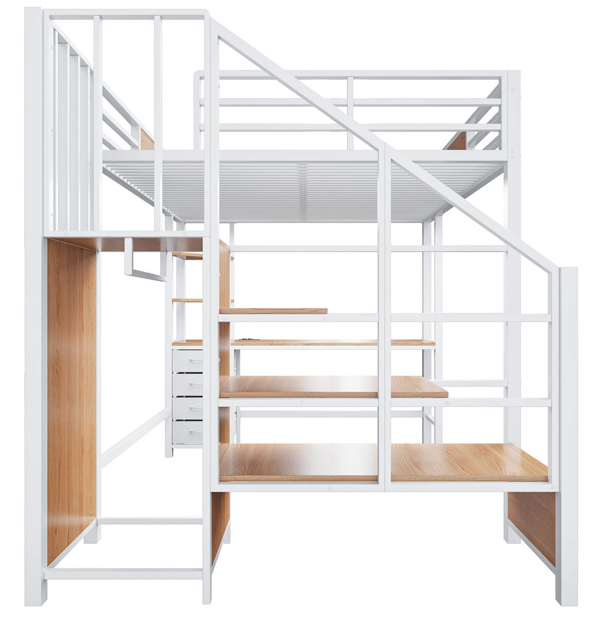 HOCHBETT 140/200 cm aus Metall und MDF mit Schreibtisch, Stauraum und LED-Beleuchtung Weiß - Weiß, Metall (140/200cm) - Modenvie