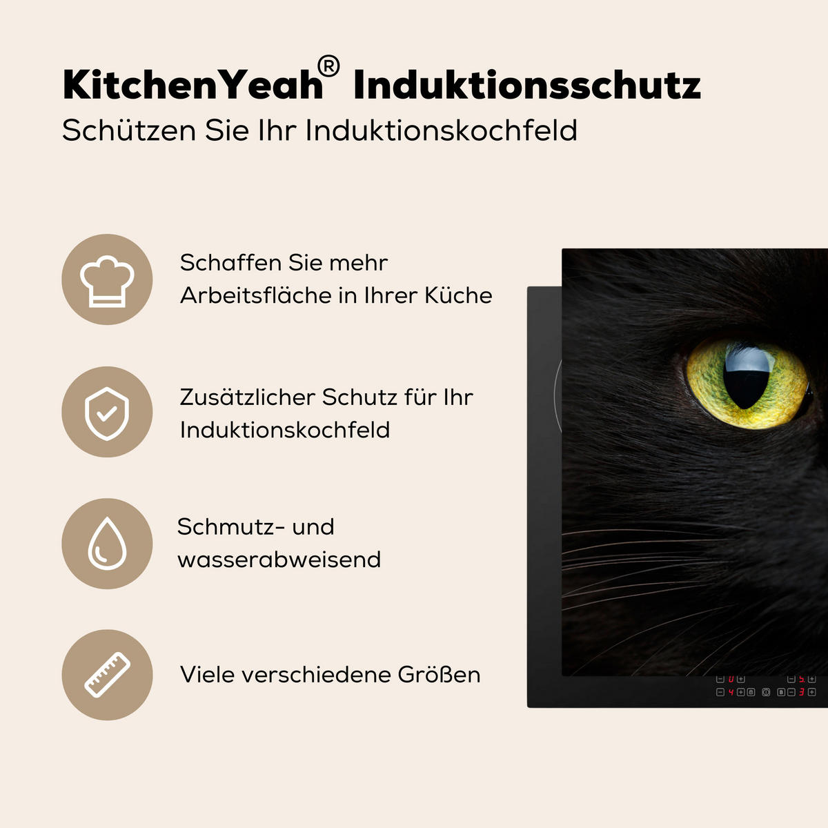 HERDABDECKPLATTE Katze - Augen - Gelb - Schwarz Induktionsschutz 81.6x52.7 cm - Schwarz, Kunststoff (81.6/52.7/0.2cm) - MuchoWow