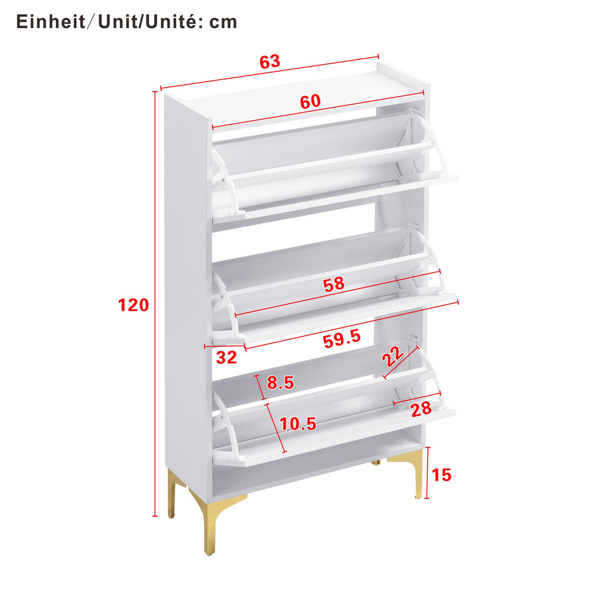 SCHUHSCHRANK 63/24/120 cm weiß aus MDF mit 3 Klappen - Weiß, Holzwerkstoff (63/120/24cm) - OKWISH