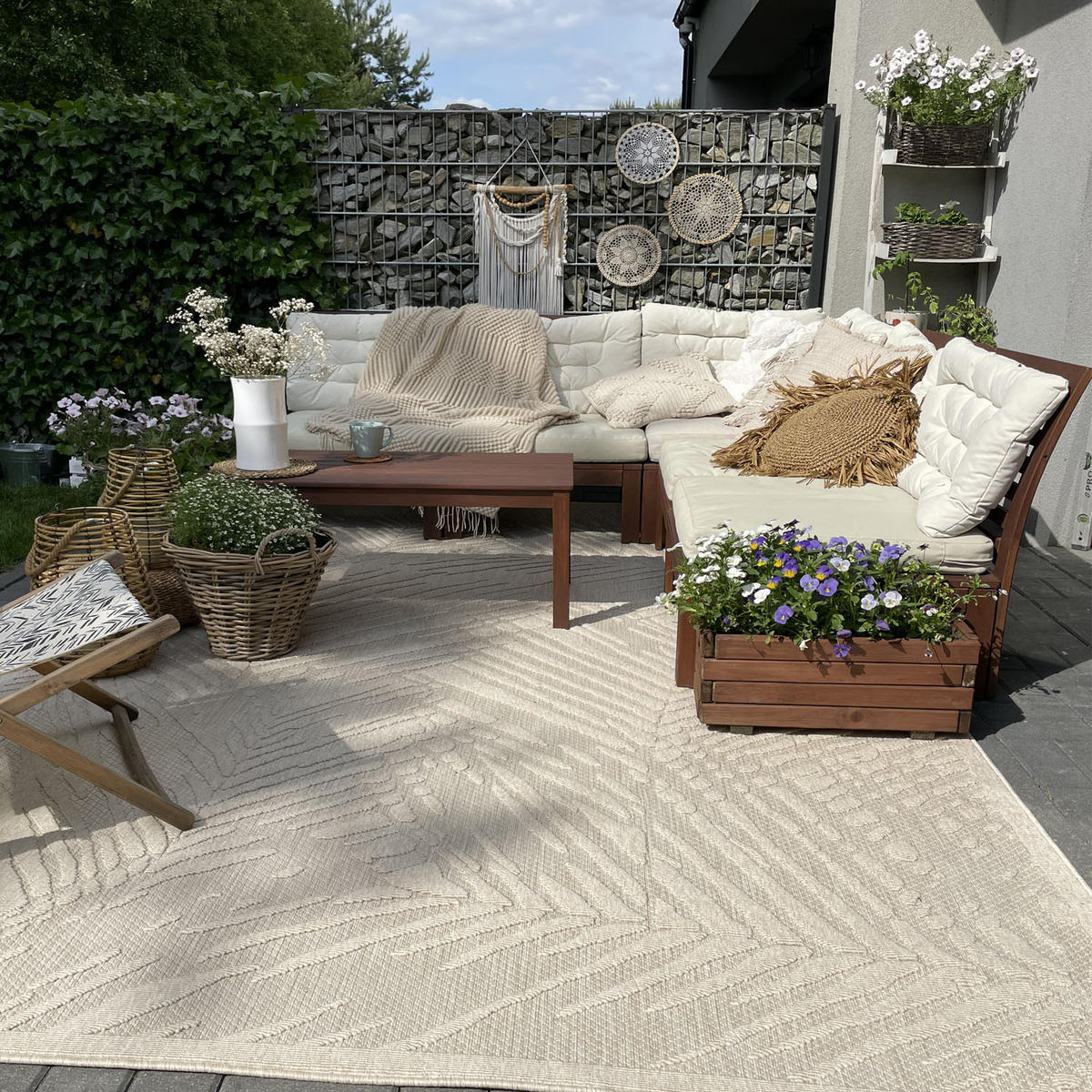 TEPPICH Beige In-Outdoor - Kurzflor Rechteckig, Motiv Pflanzen, Blätter, Blumen - 140 x 200 cm - Ecru/Creme, Textil (140/200cm) - Mazovia