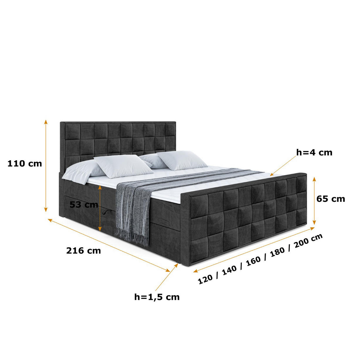 BOXBETT ZAFIRA - 140x200 - H3 - Schwarz - Schwarz, Holzwerkstoff (140/200cm) - ALTDECOR