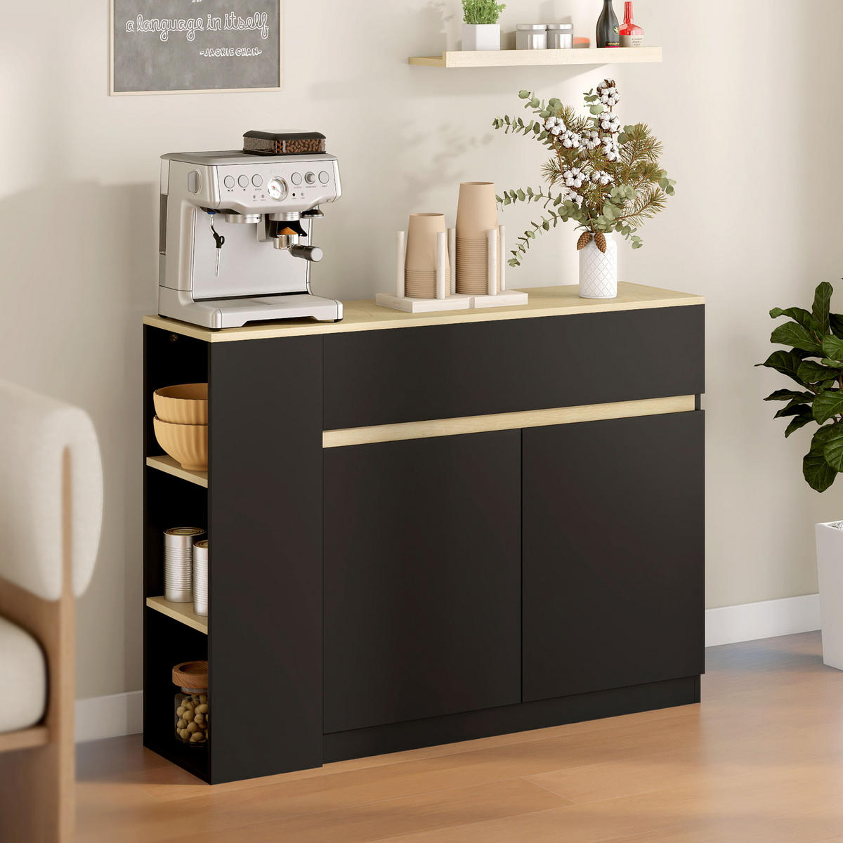 SIDEBOARD DE-11197 2 Schubladen, 3 offene Fächer Schwarz - Schwarz, Holzwerkstoff (110/82/29.5cm) - ComfortXL