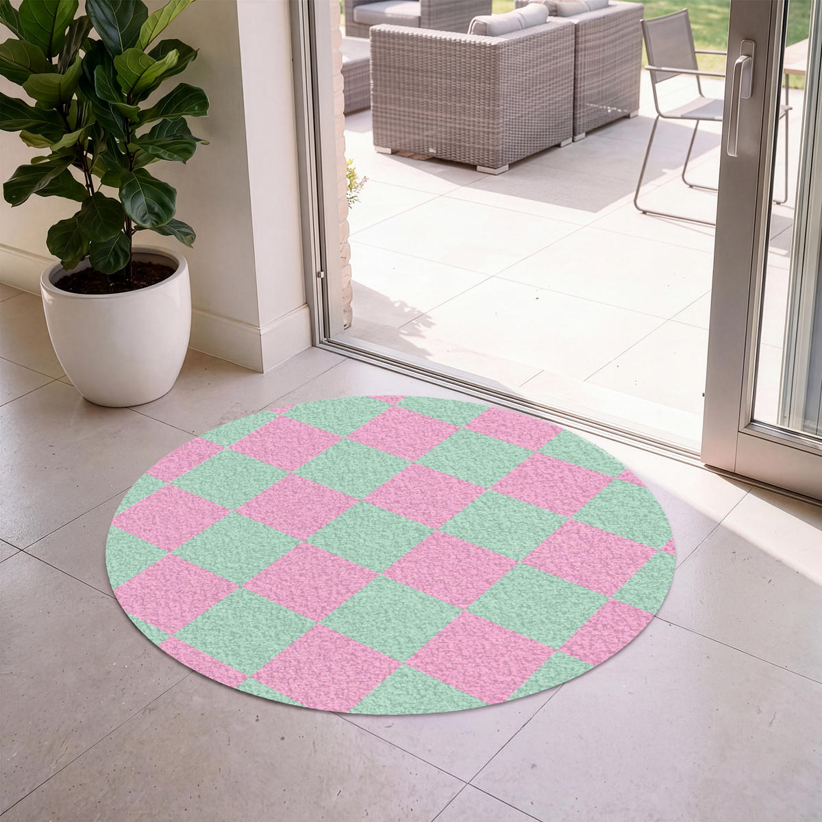 FUSSMATTE Schachbrettmuster - Grün - Rosa - Würfel Fußabtreter 120x120 cm - Mintgrün, Kunststoff (120/120cm) - MuchoWow
