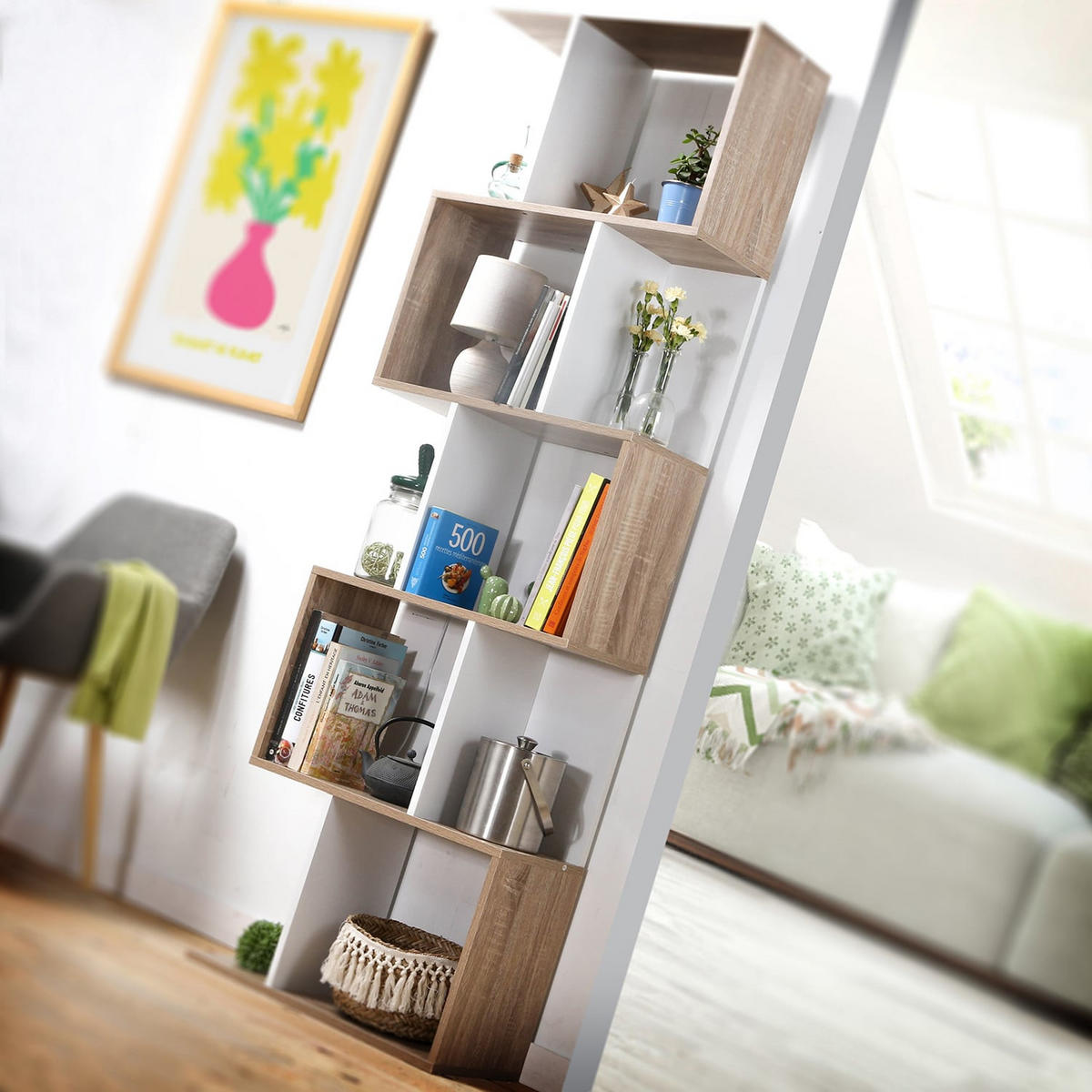 BÜCHERREGAL mit mehreren Fächern H180 cm - Dekor Holz und Weiß - Apfelbaumfarben, Holzwerkstoff (24/180/60cm) - Calicosy