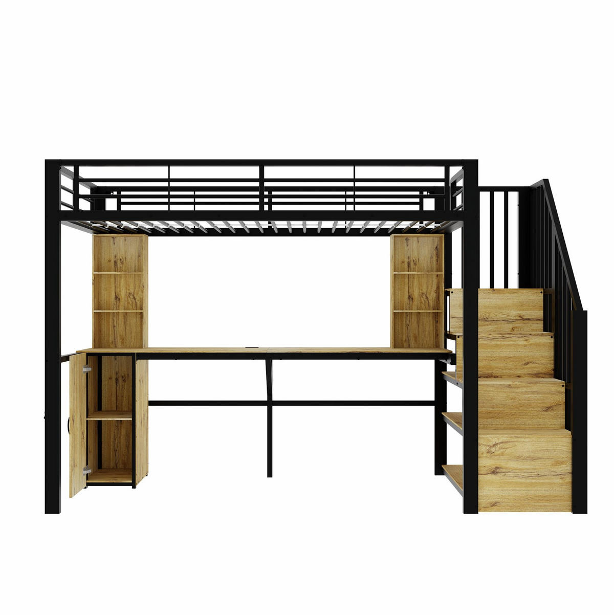 HOCHBETT Metall-Holz 90x200 cm Schwarz mit Schreibtisch, Stauraumtreppe, Schrank & USB-Anschluss - Schwarz, Metall (90/200cm) - Modfu