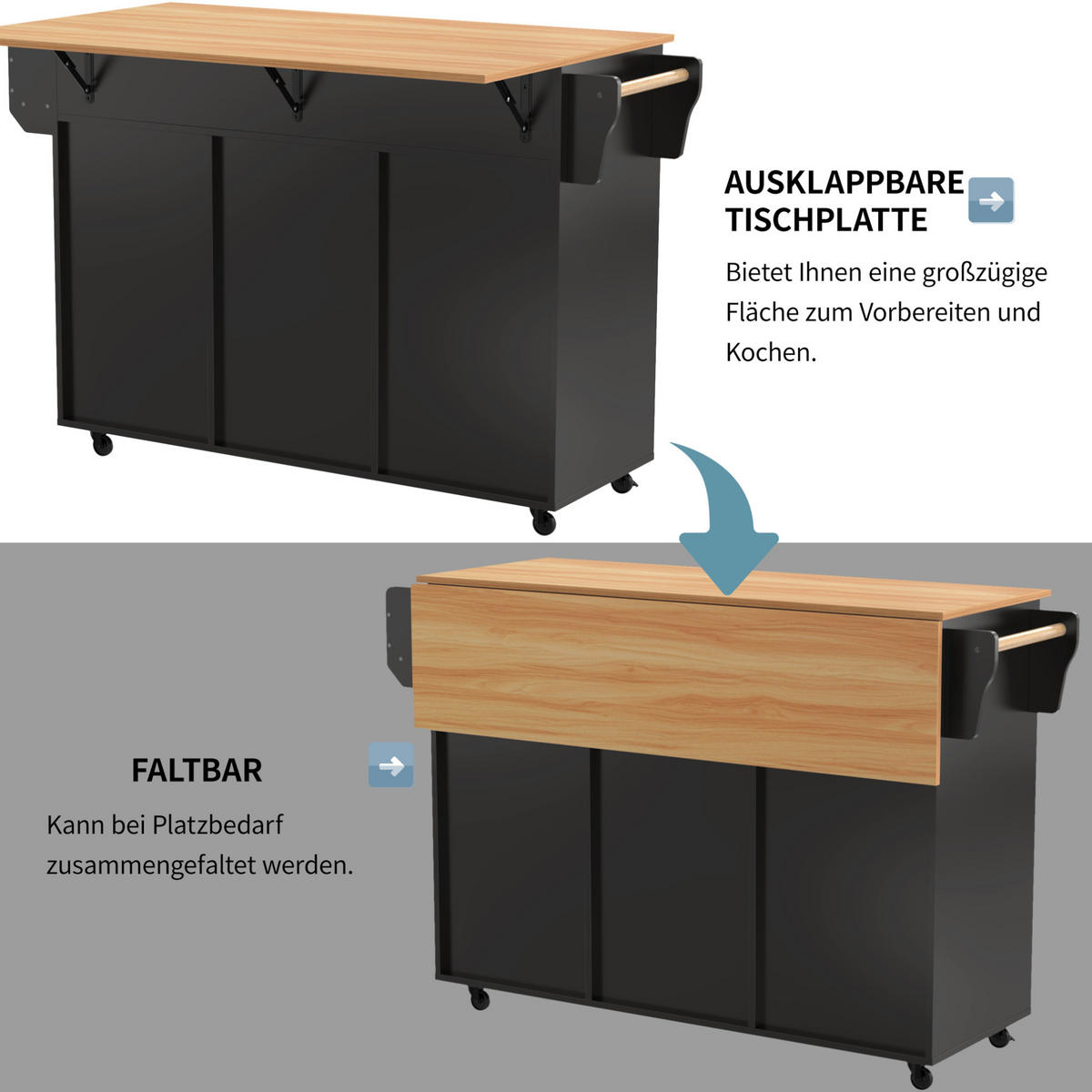 KÜCHENWAGEN mit Klappplatte 139 x 46(71) x 91,5 cm Schwarz/Natur - Schwarz, Holz (46/91.5/139cm) - Beauniv