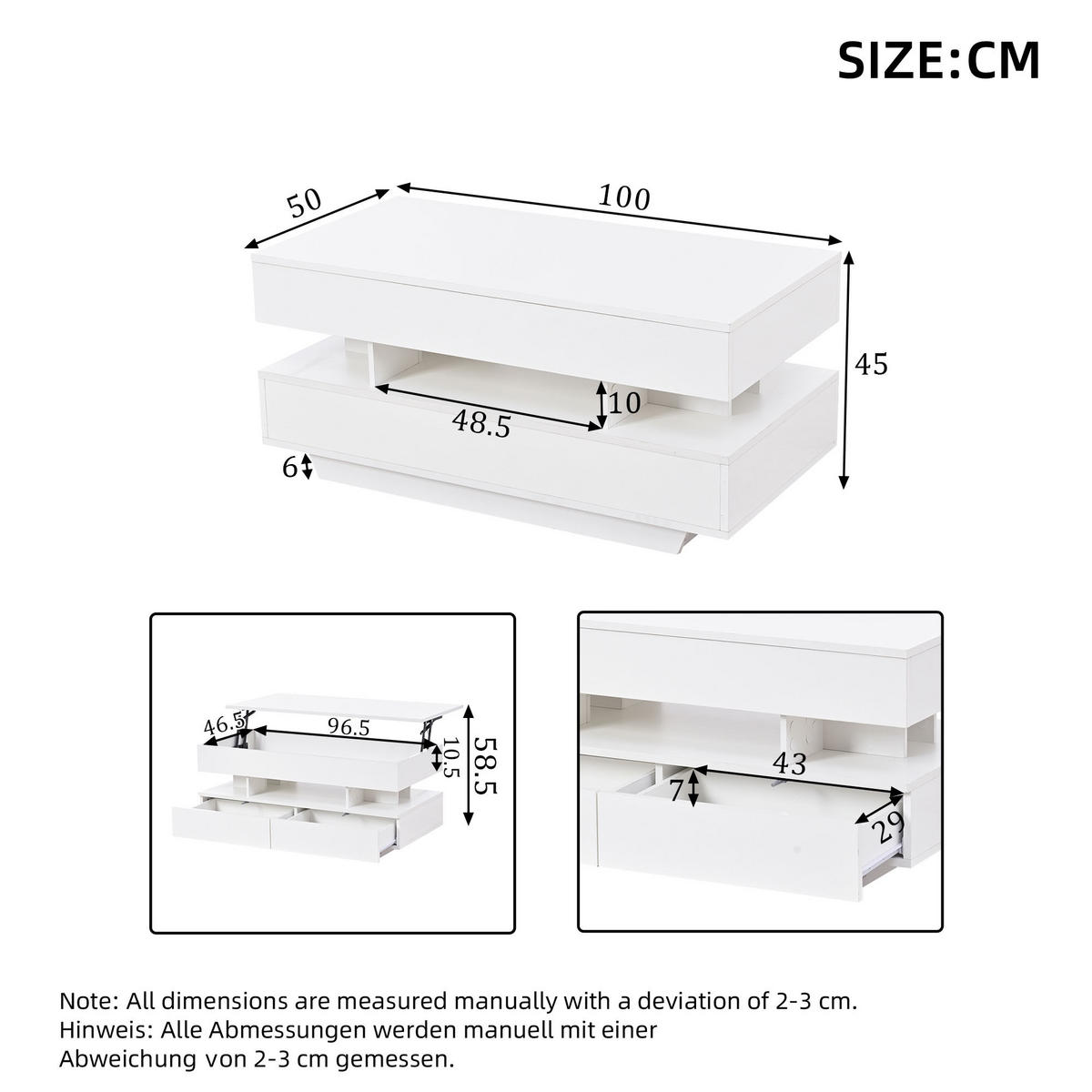 COUCHTISCH in Weiß Höhenverstellbarer Wohnzimmertisch mit LED & Stauraum, Lift-Top bis 58,5cm, 100/50/45cm - Weiß, Holzwerkstoff/Metall (50/100/45cm) - STILVORA