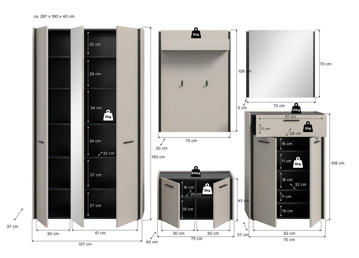 GARDEROBEN-SET Emil Kaschmir 287/40/190 cm - Beige, Holzwerkstoff (287/190/40cm) - Xonox