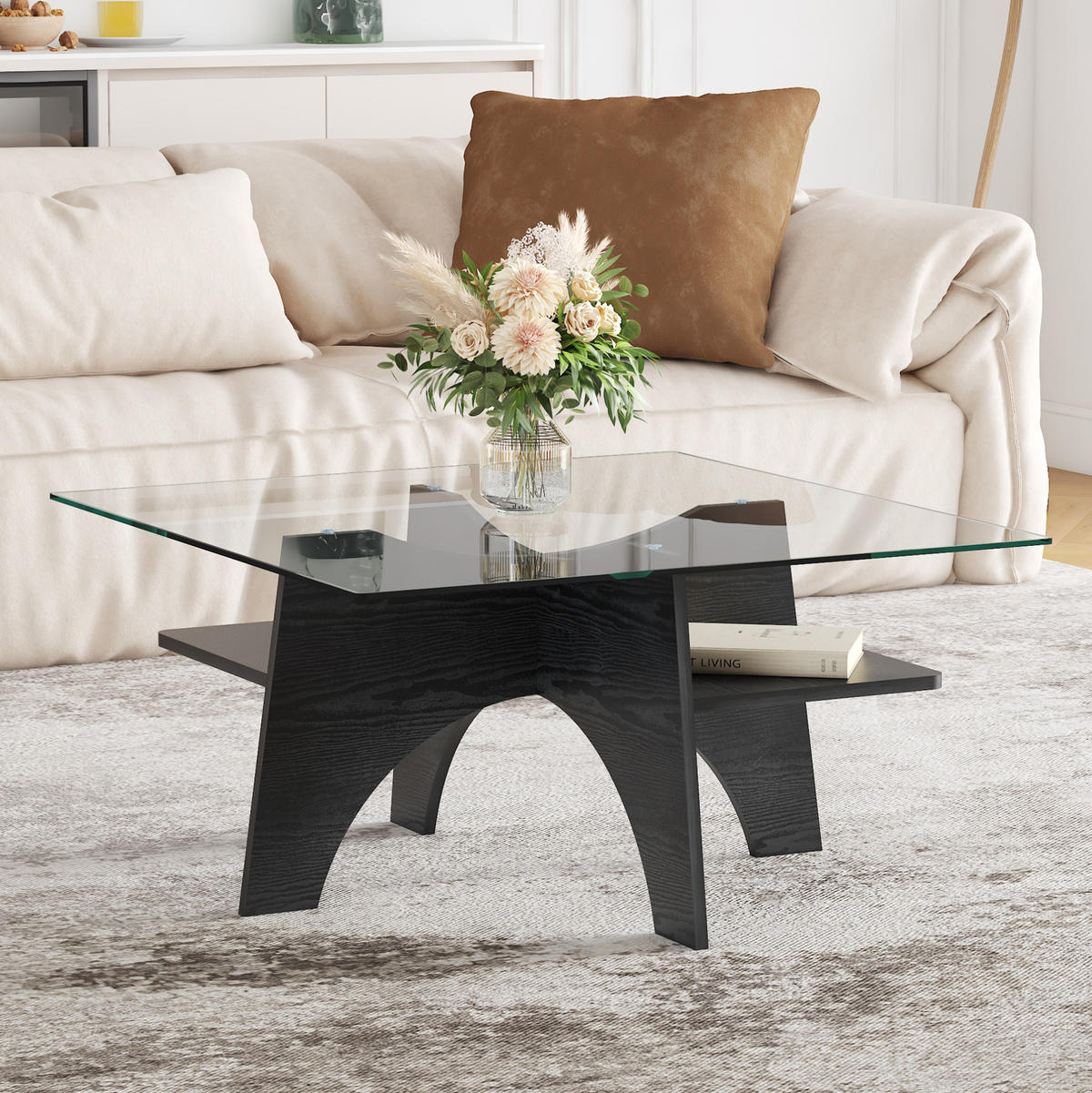 COUCHTISCH 80/80/40 cm mit Ablagefach und Sicherheitsglasplatte, MDF in schwarzer Holzoptik/Transparent - Schwarz, Holzwerkstoff (80/80/40cm) - Redom