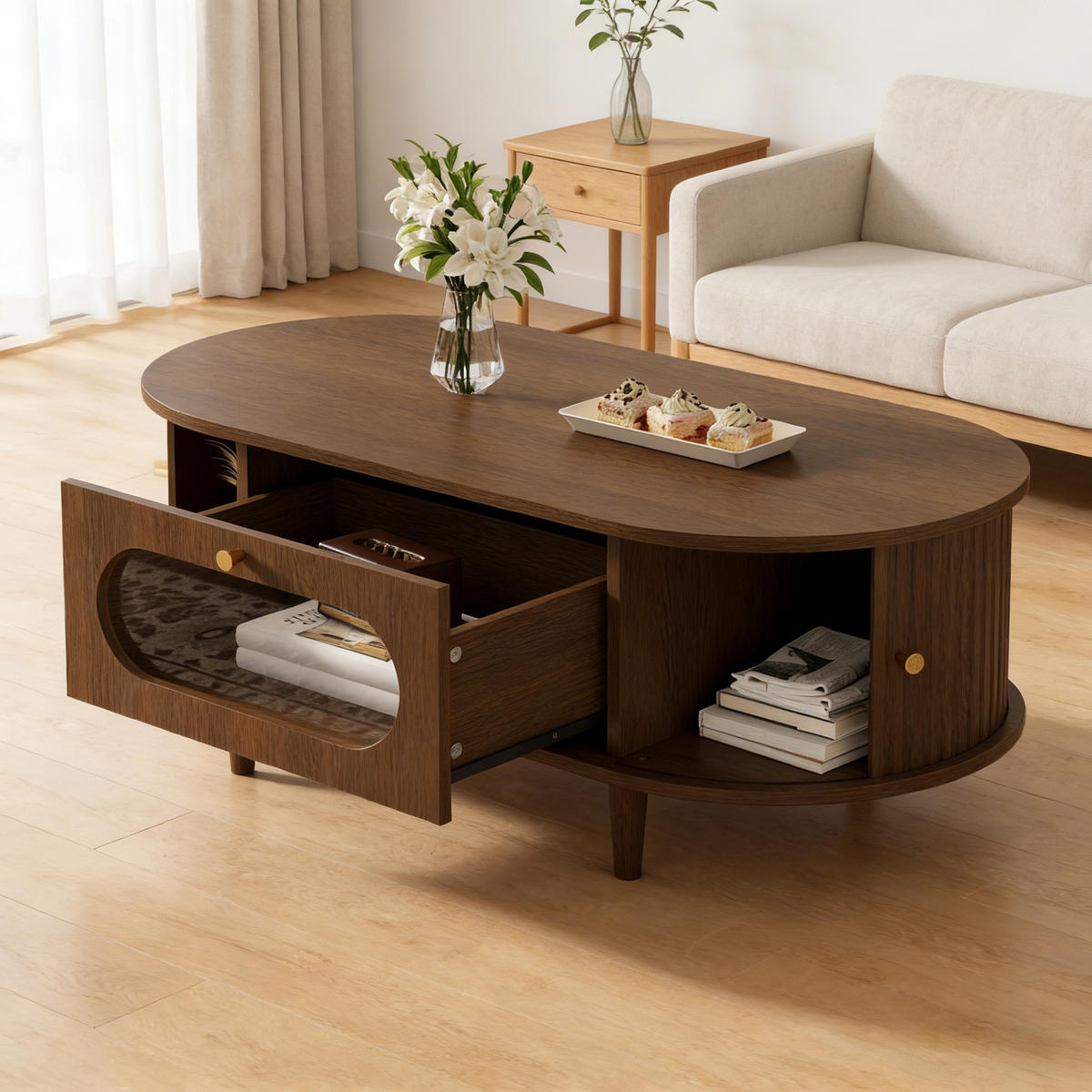 COUCHTISCH Walnuss 1 Schublade Rolltür 4 Beine 100x50x36cm - Walnussfarben, Holzwerkstoff (100/50/36cm) - FLIEKS