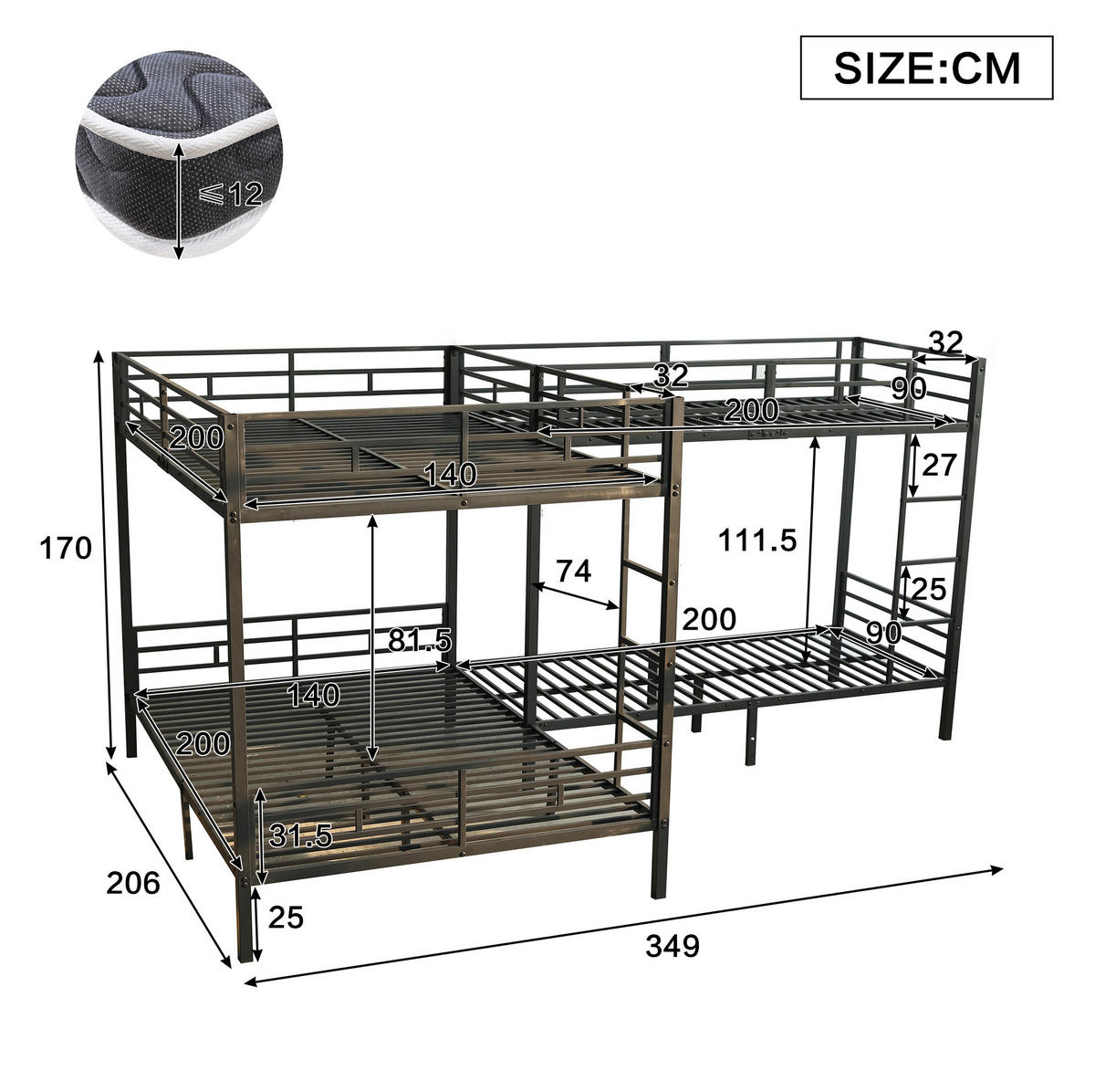 ETAGENBETT Schwarz 90/200 cm und 140/200 cm mit dreistufiger Leiter - Schwarz, Metall (140/200cm) - MIVRAY