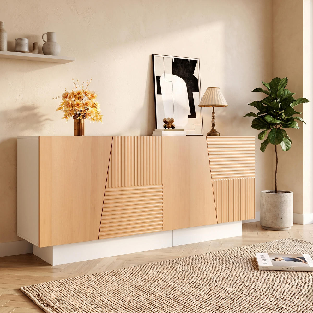 SIDEBOARD 160cm Weiß & Naturholzoptik mit 4 Türen & Geometrischen Rillen - Naturfarben, Holzwerkstoff (160/72/40.5cm) - Urban Meuble