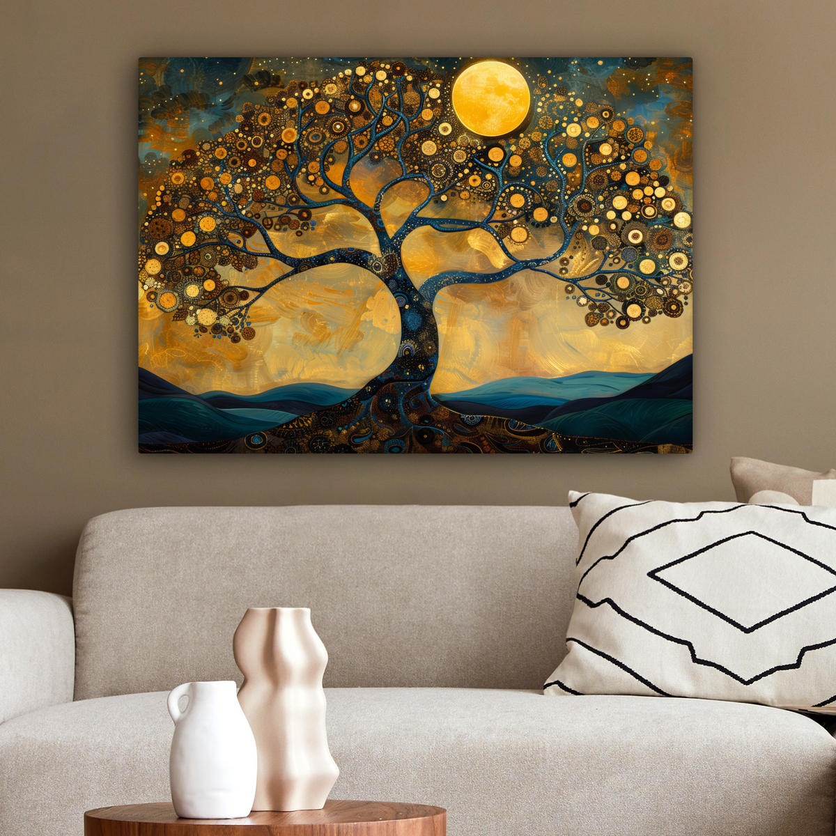 LEINWANDBILD Baum - Mond - Blumen - Gold - Kunst Wandbilder 80x60 cm - Orange, Textil (80/60cm) - MuchoWow