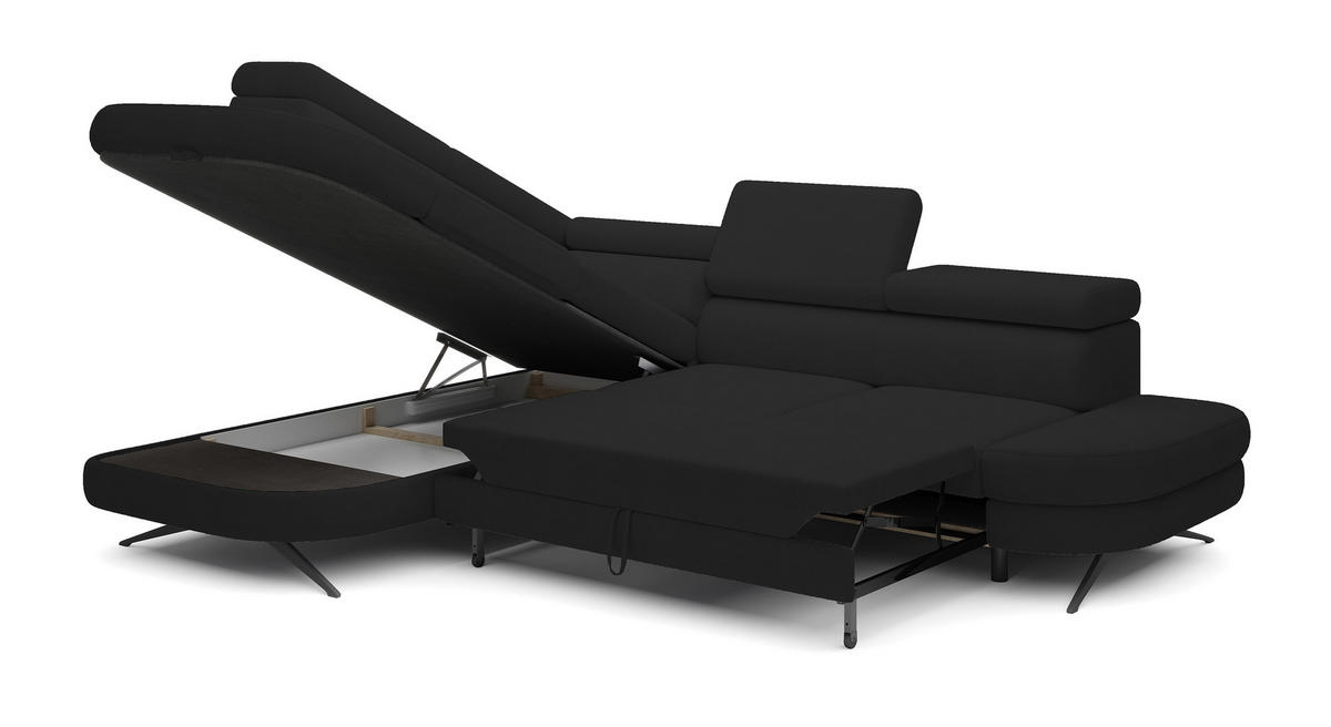 ECKSOFA OTIS L-förm, Schlaffunktion, verstellbare Kopfstützen, in AURORA-Stoff, lose Rückenkissen, freistehend, LINKS 218x276x97 cm Black - Schwarz, Holz/Textil (218/276cm) - DomoHome