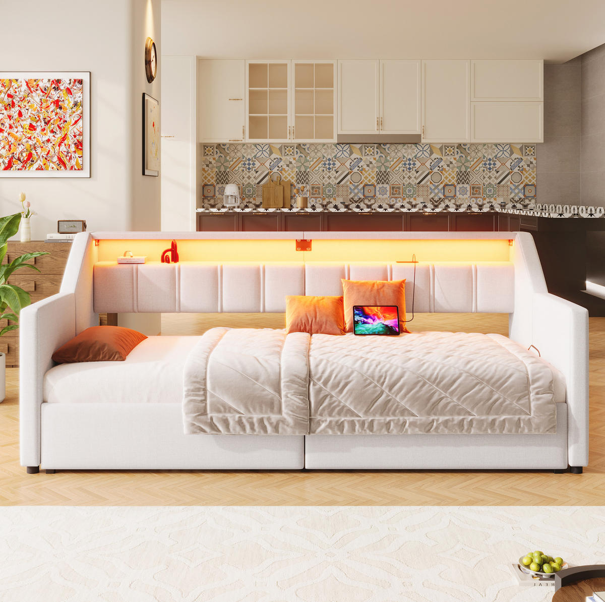 TAGESBETT 90/200 cm mit Ausziehfunktion zu 180/200 cm, USB, Type-C, LED und 2 Schubladen, Beige - Beige, Textil (90/200cm) - Redom