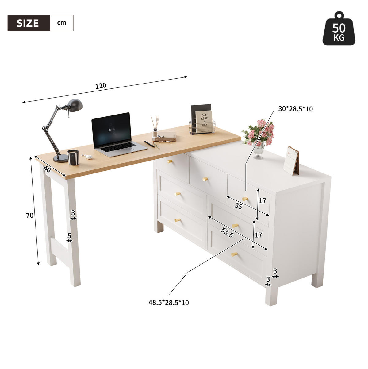 SCHREIBTISCH aus Spanplatte 120x40x70 cm Eichenoptik/Weiß mit 360° drehbarer Tischplatte und 7 Schubladen - Weiß, Holzwerkstoff (120/70/40cm) - IVMEU