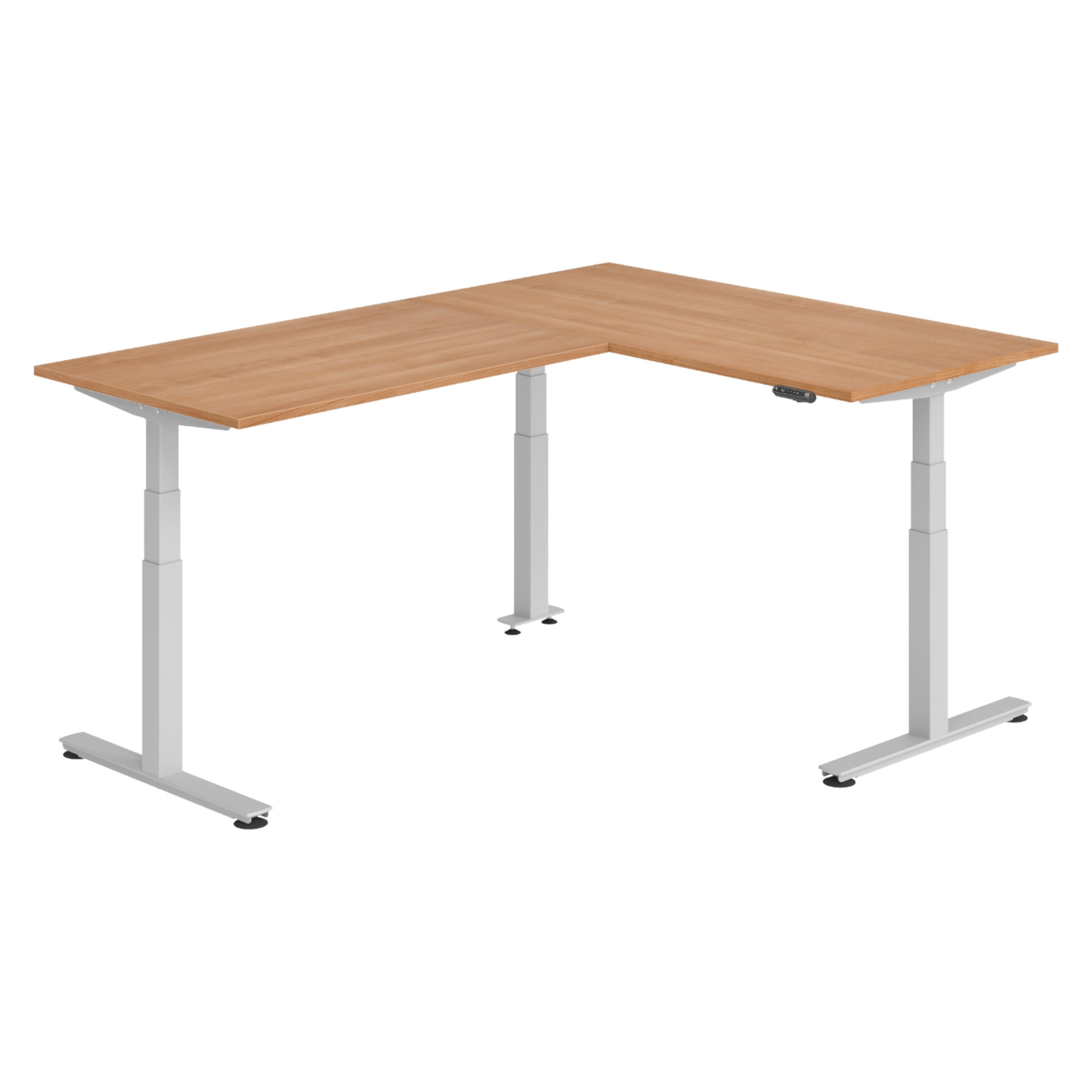 ECKSCHREIBTISCH elektrisch höhenverstellbar L-Form 220/160/74 cm in Nussbaumfarben/Silberfarben - Silberfarben/Nussbaumfarben, Holzwerkstoff (220/160/74cm) - bümö