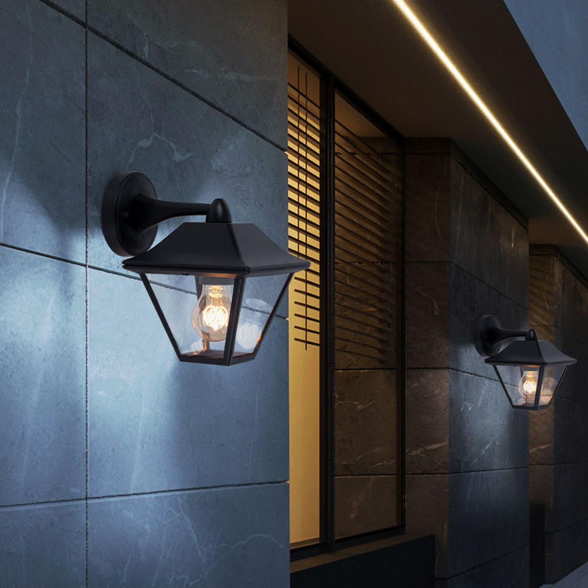 AUSSEN WANDLEUCHTE Alu Schwarz Glas 2er Set - Schwarz, Glas (23.5/22.5/22.5cm)