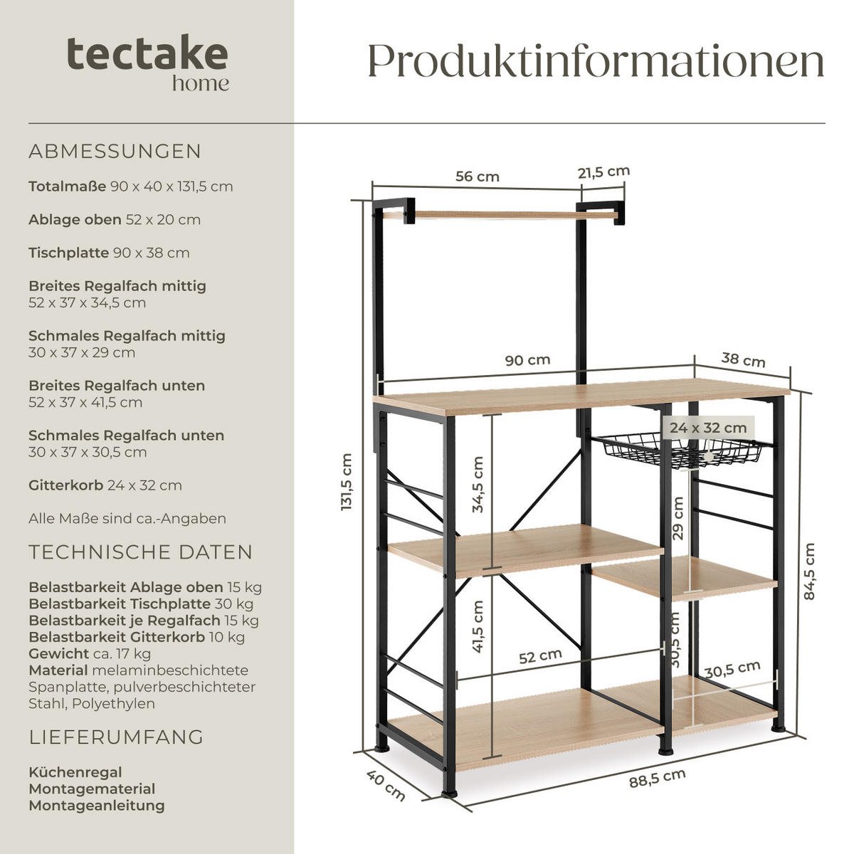 KÜCHENREGAL Crawley, 90 x 40 x 131, 5 cm, Industrial Holz hell, Eiche Sonoma - Naturfarben, Holzwerkstoff (40/131.5/90cm) - tectake