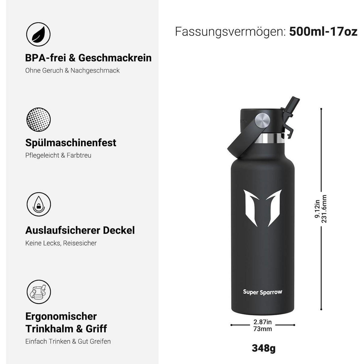 TRINKFLASCHE Edelstahl 500 ml Schwarz - Schwarz, Metall (7/7cm)