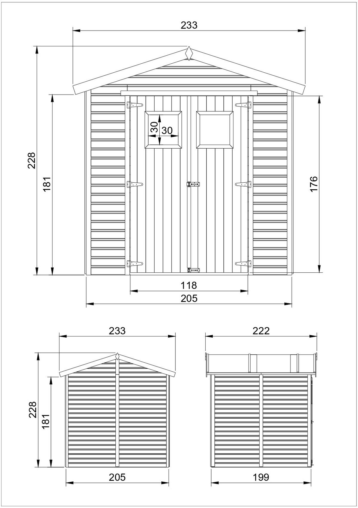 HOLZ GARTENSCHUPPEN MIT IMPRÄGNIERTEM BODEN - H228x222x233 cm/4,2 m² - M351+M351G - Beige, Holz (233/234/199cm) - Timbela