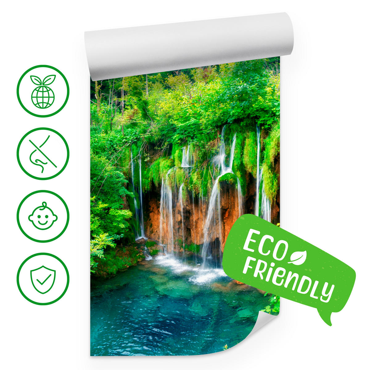 FOTOTAPETE für Esszimmer Exotischer Wasserfall Dschungelwald 350x256 - Türkis/Braun, Papier (350/256cm) - Muralo